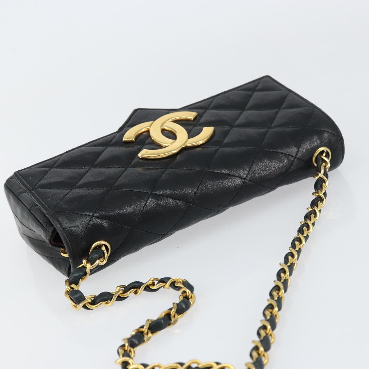 CHANEL Chain Shoulder Matelasse Bag Lamb Skin Black Gold CC Auth ki6227