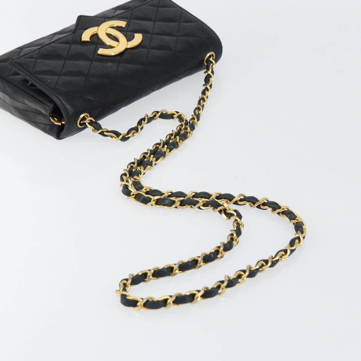 CHANEL Chain Shoulder Matelasse Bag Lamb Skin Black Gold CC Auth ki6227