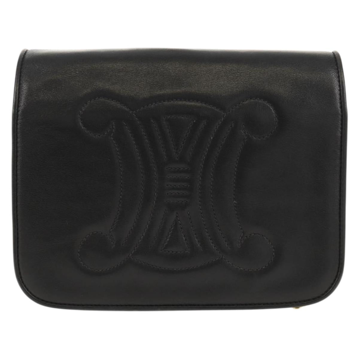 CELINE Chain Shoulder Bag Leather Black Gold Auth ki6240V