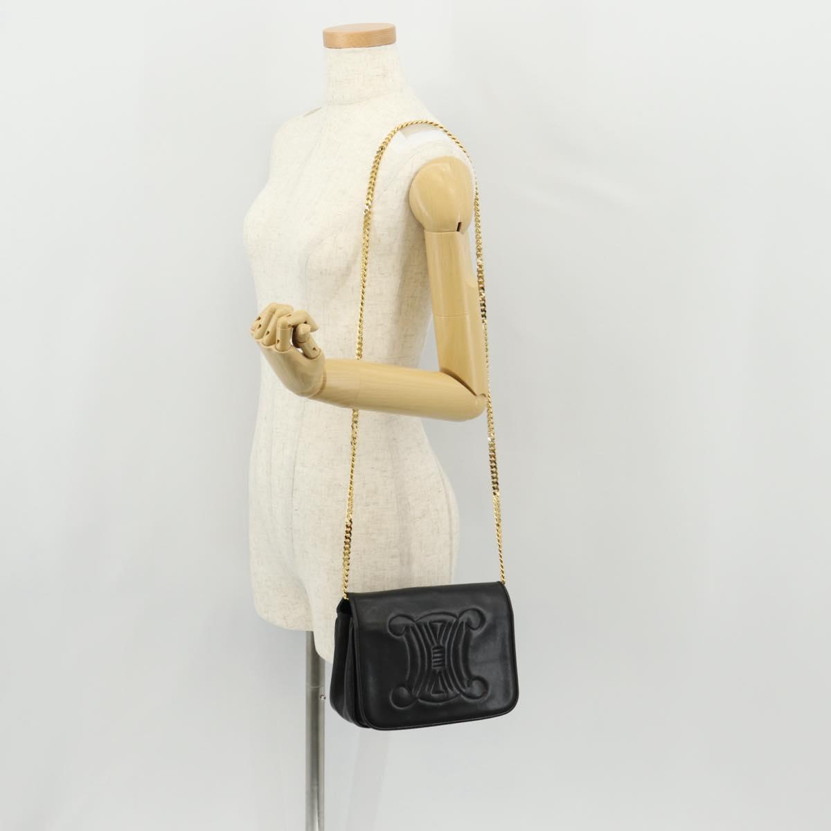 CELINE Chain Shoulder Bag Leather Black Gold Auth ki6240V