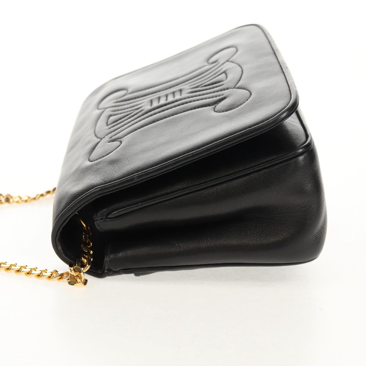 CELINE Chain Shoulder Bag Leather Black Gold Auth ki6240V