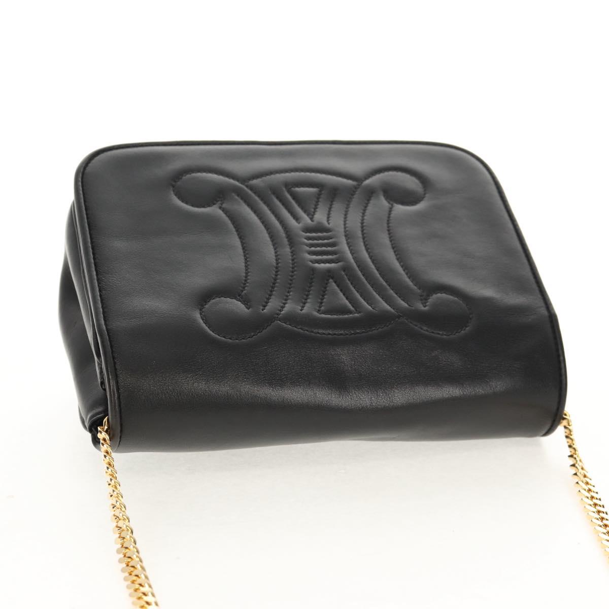 CELINE Chain Shoulder Bag Leather Black Gold Auth ki6240V