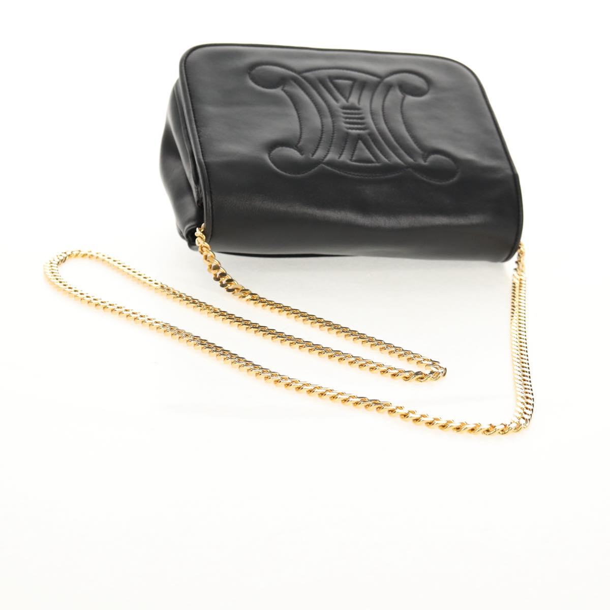 CELINE Chain Shoulder Bag Leather Black Gold Auth ki6240V