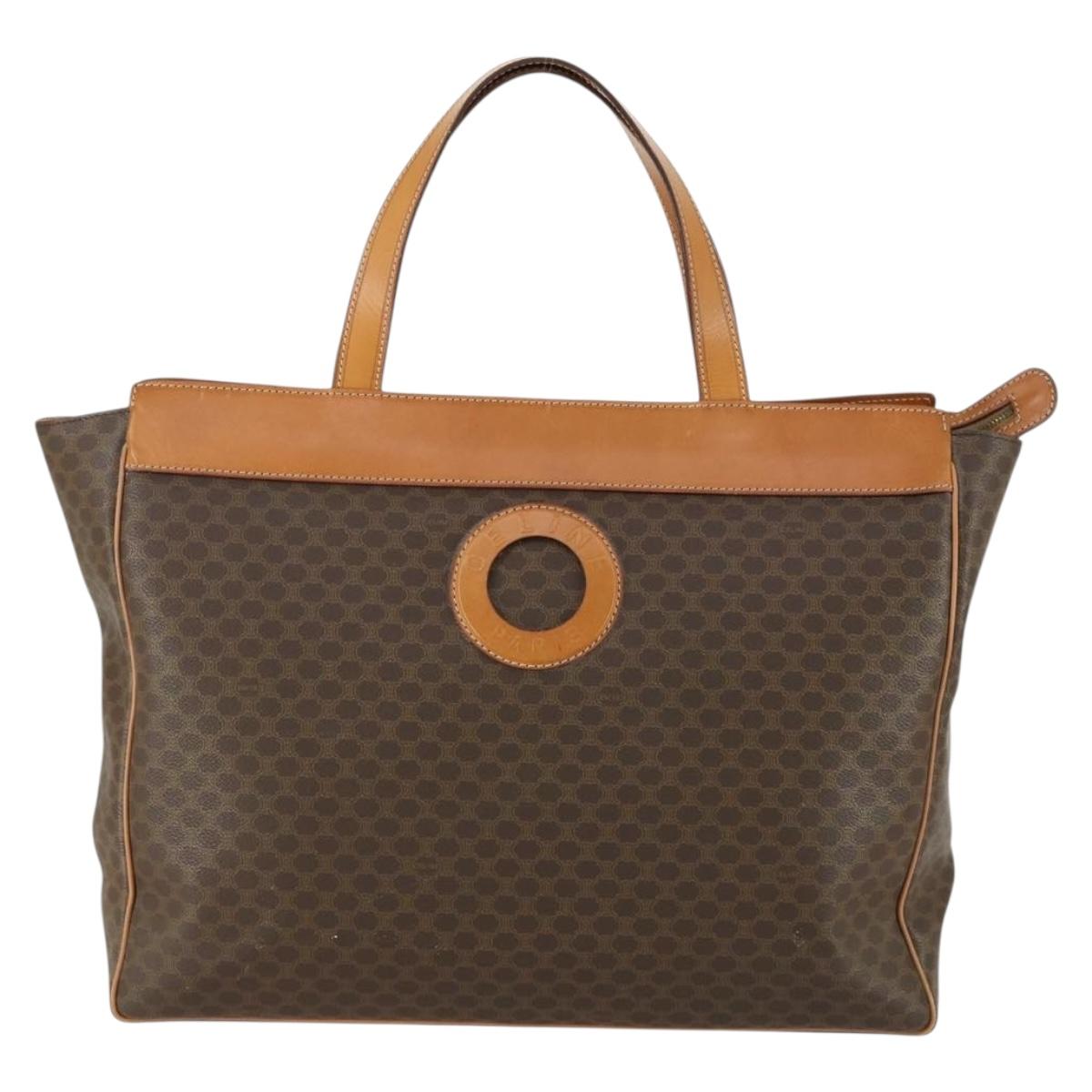 CELINE Macadam Canvas Tote Bag PVC Leather Brown Gold Auth ki6248