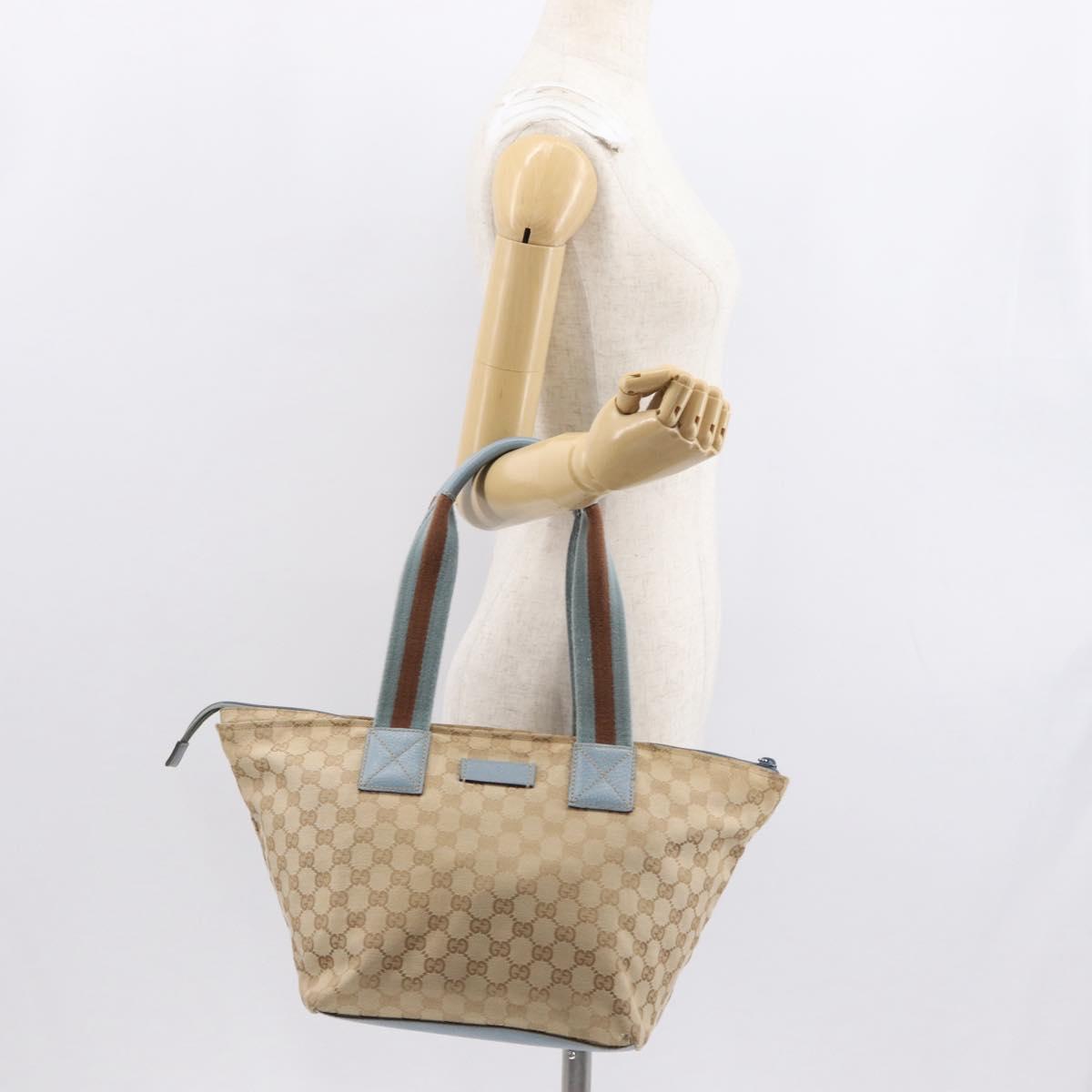GUCCI GG Canvas Tote Bag Beige Light Blue Silver 131230 Auth ki6264