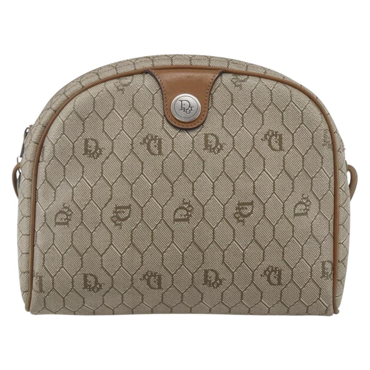 Christian Dior Honeycomb Canvas Shoulder Bag PVC Beige Gold Auth ki6276