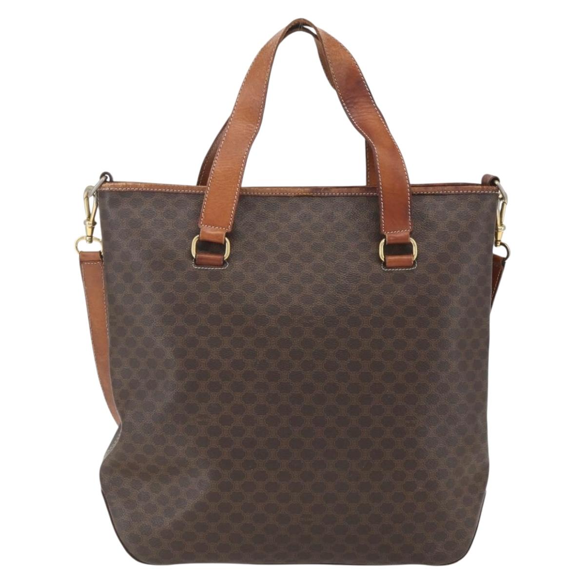 CELINE Macadam Canvas Tote Bag PVC Leather 2way Brown Gold Auth ki6278