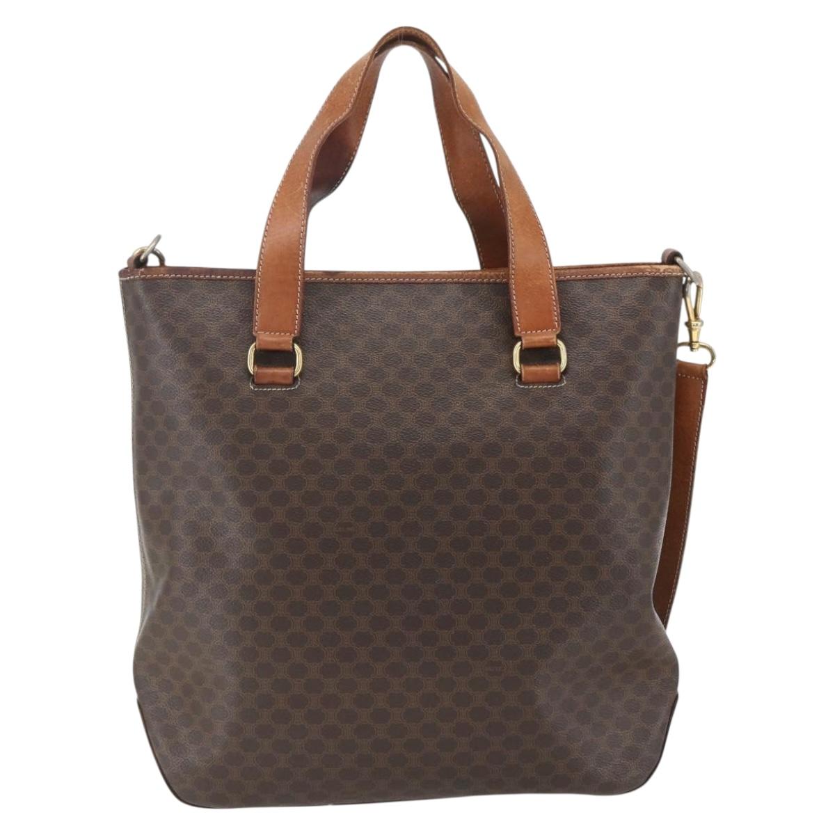 CELINE Macadam Canvas Tote Bag PVC Leather 2way Brown Gold Auth ki6278