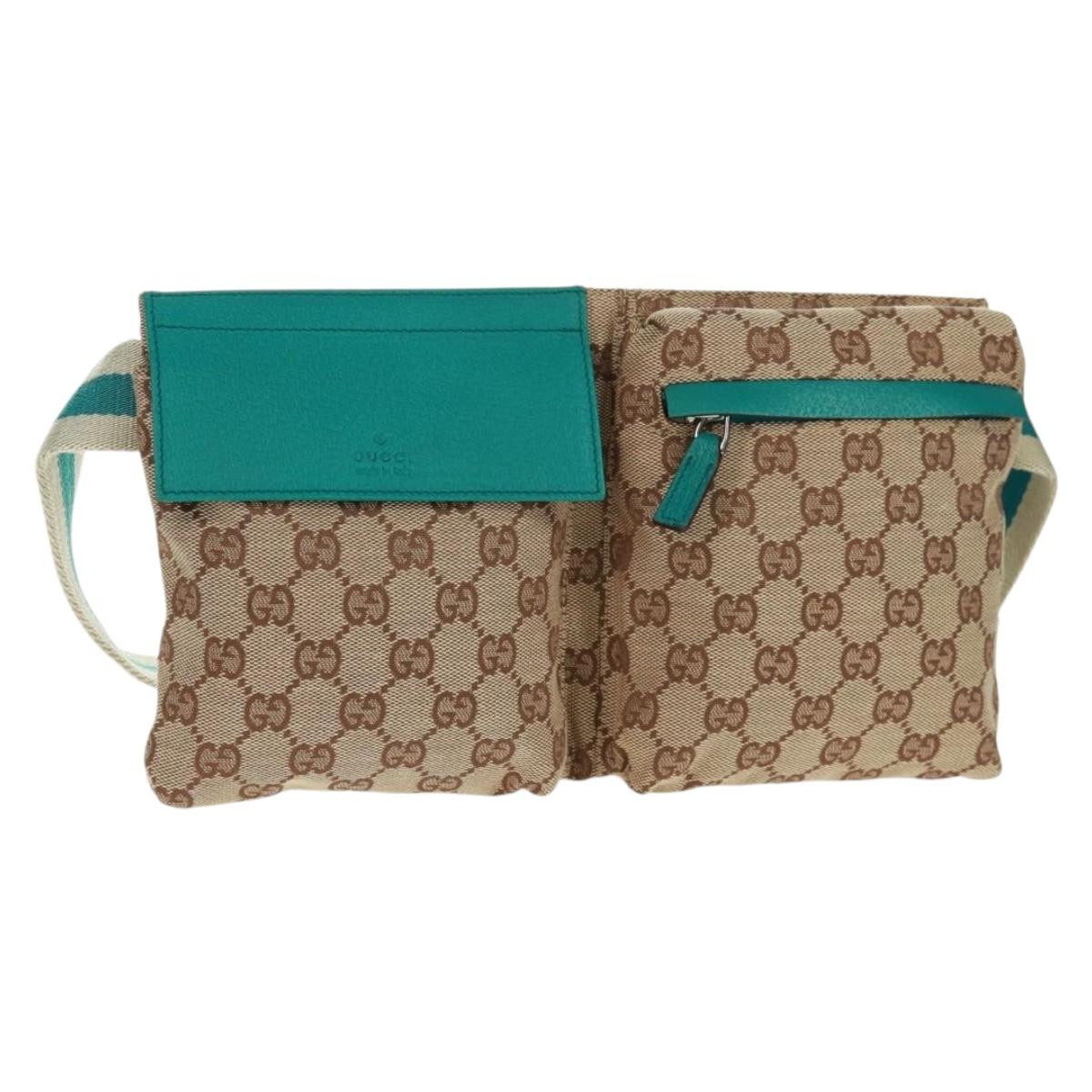 GUCCI GG Canvas Waist Bag Beige Turquoise Blue Silver 28566 Auth ki6279V