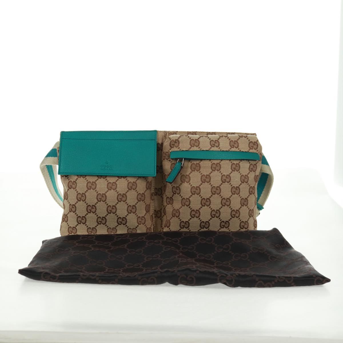 GUCCI GG Canvas Waist Bag Beige Turquoise Blue Silver 28566 Auth ki6279V