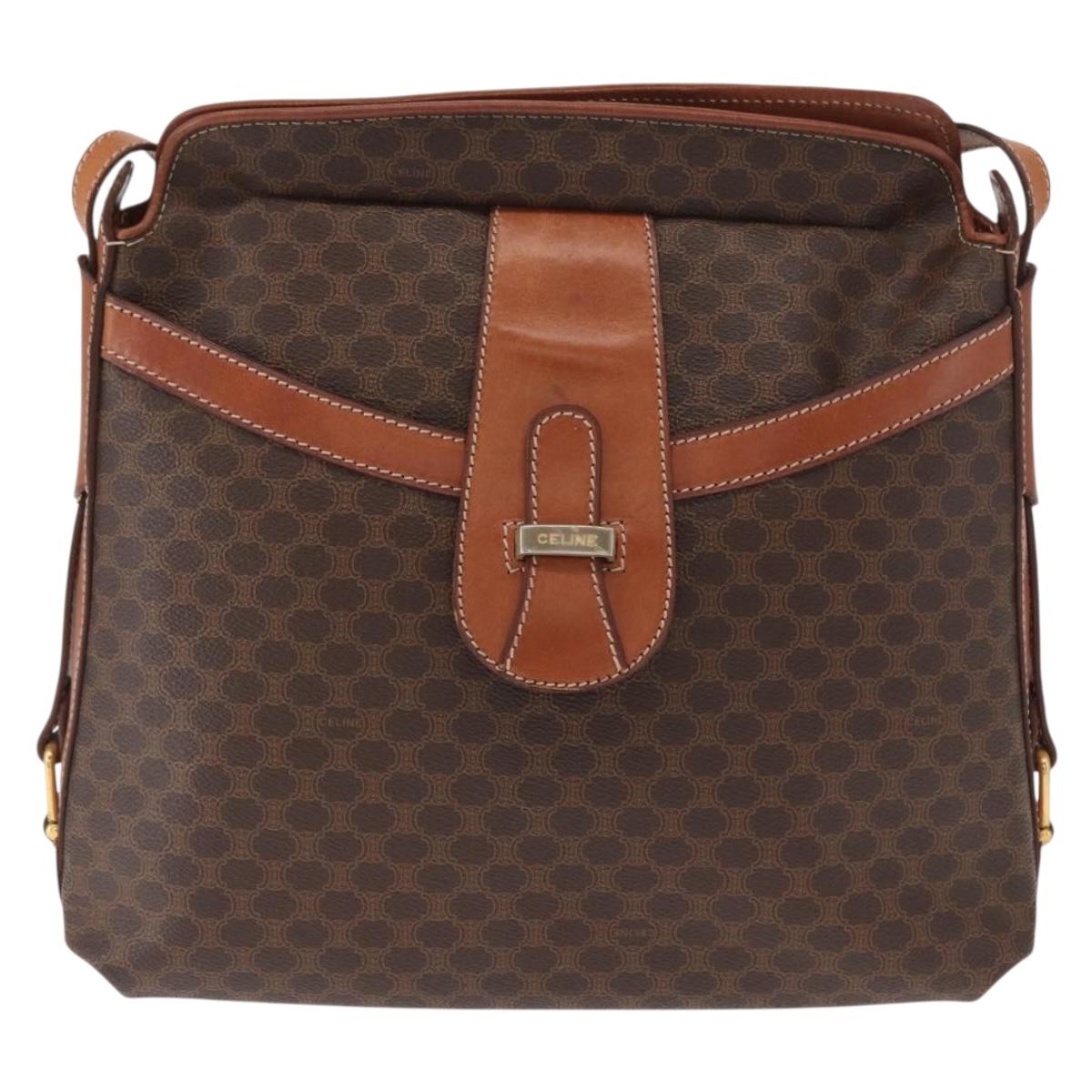 CELINE Macadam Canvas Shoulder Bag PVC Leather Brown Gold Auth ki6284
