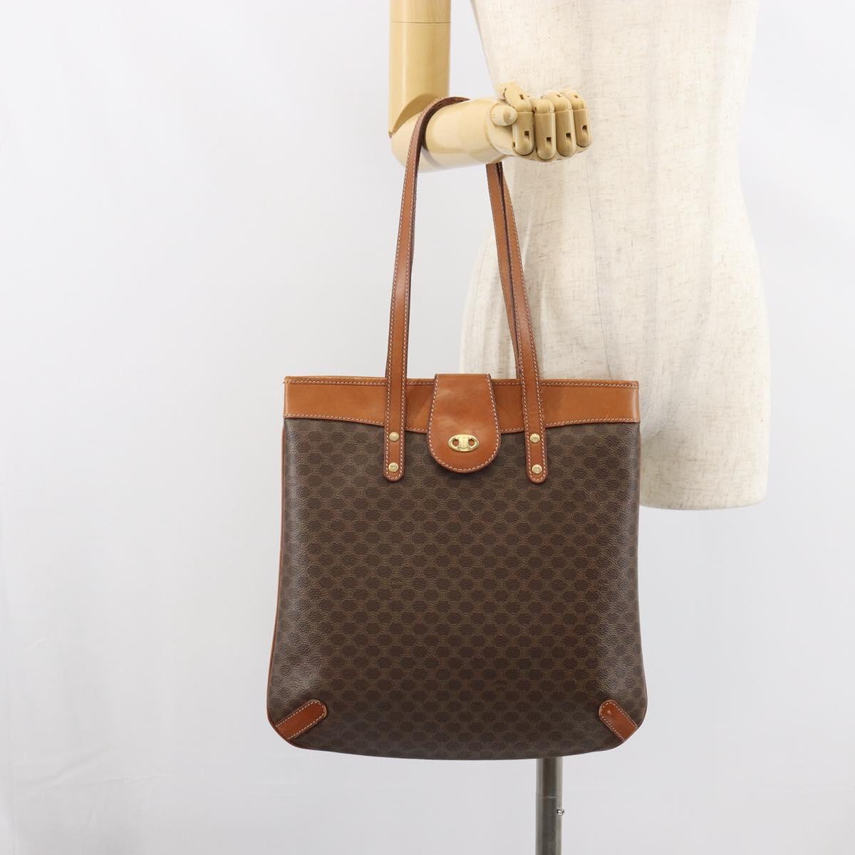 CELINE Macadam Canvas Tote Bag PVC Leather Brown Gold Auth ki6285