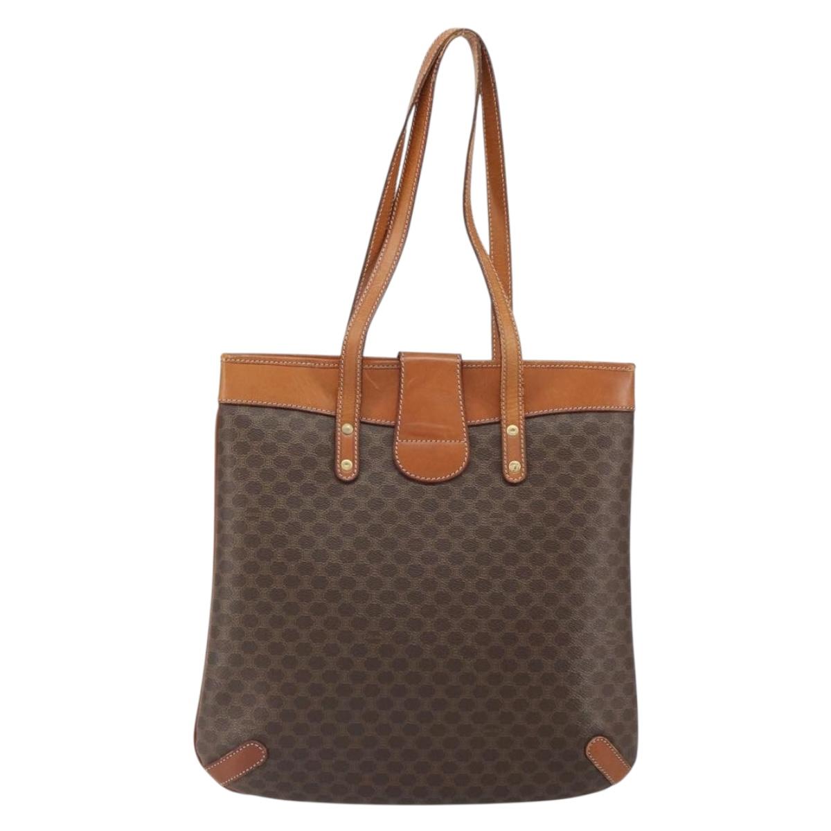 CELINE Macadam Canvas Tote Bag PVC Leather Brown Gold Auth ki6285