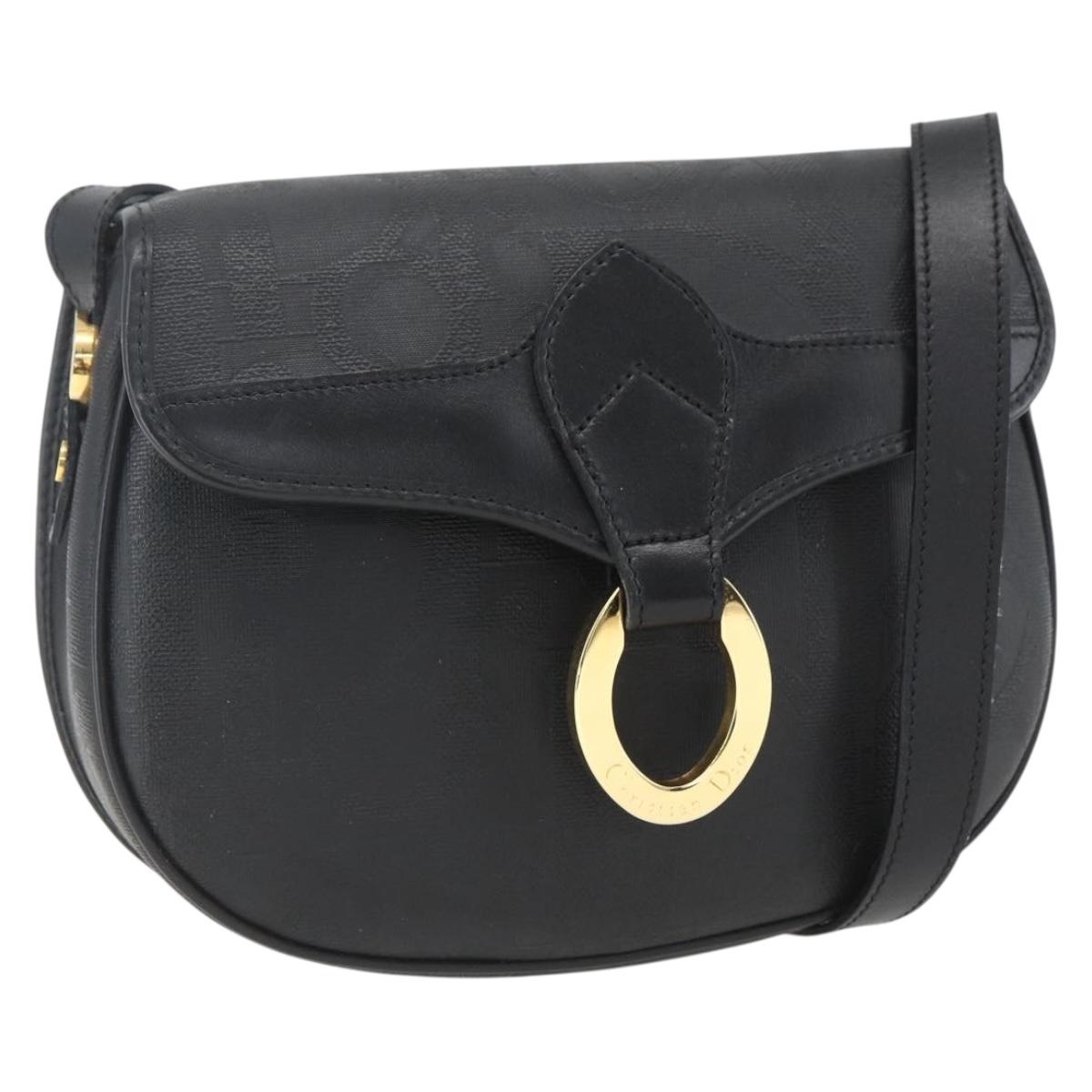 Christian Dior Trotter Canvas Oval Shoulder Bag PVC Black Gold Auth ki6295