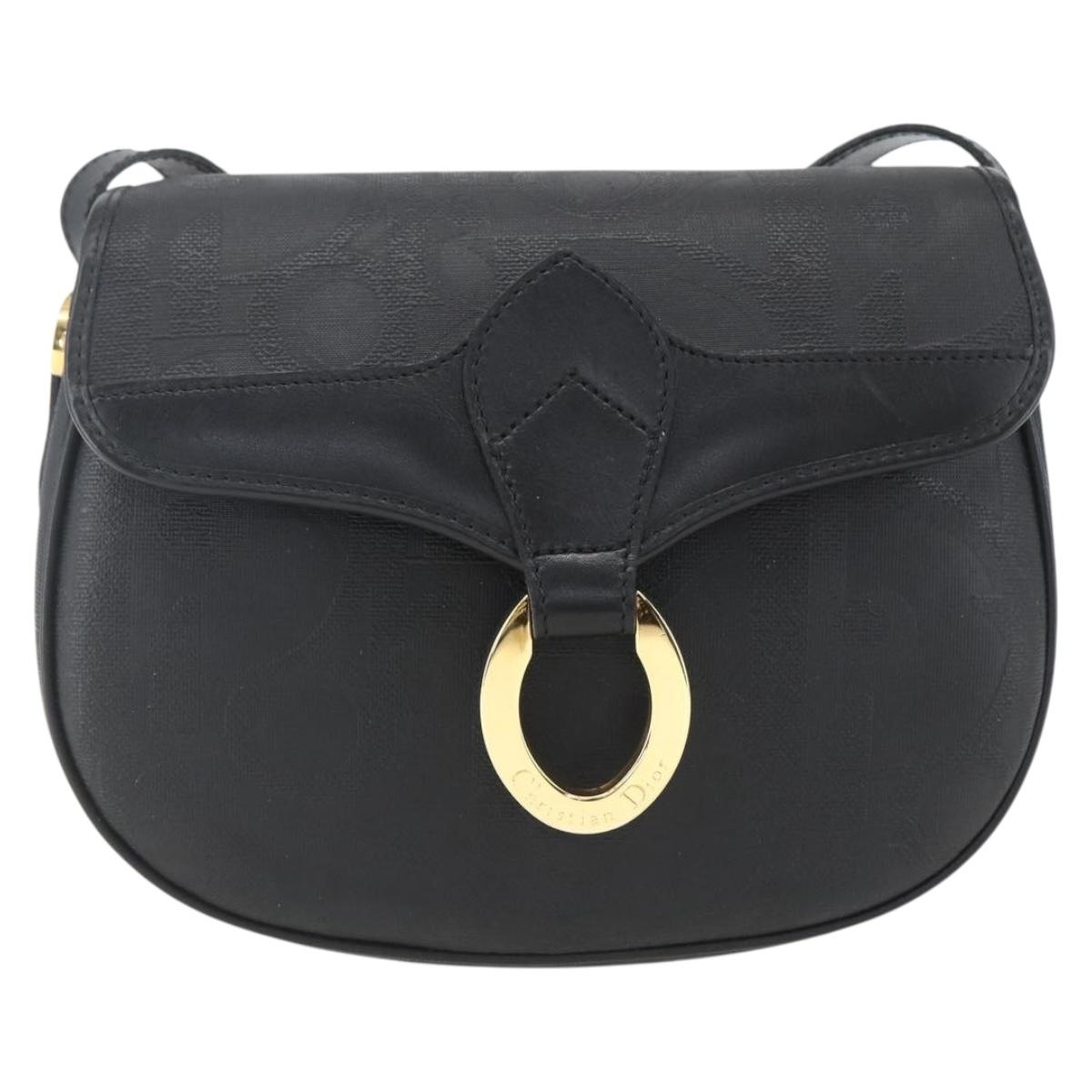 Christian Dior Trotter Canvas Oval Shoulder Bag PVC Black Gold Auth ki6295