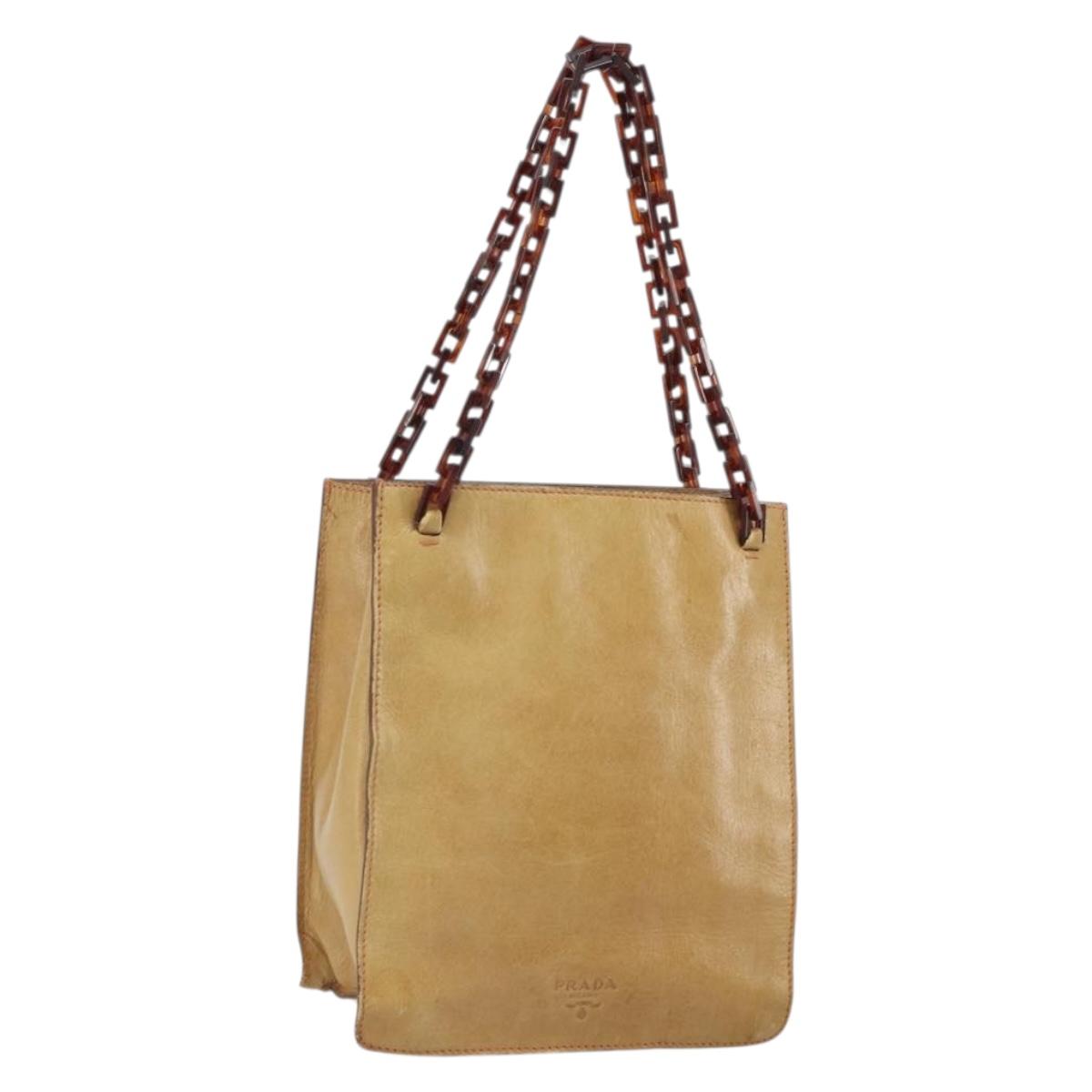 PRADA Chain Hand Bag Leather plastic Beige Auth ki6308