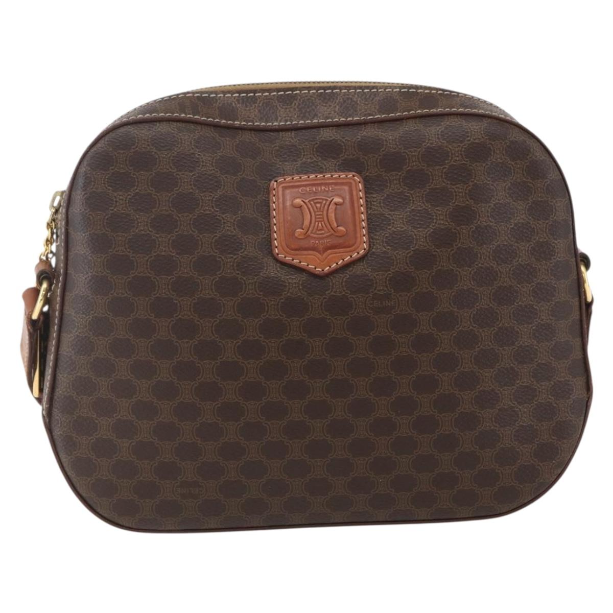 CELINE Macadam Canvas Shoulder Bag PVC Leather Brown Gold Auth ki6312
