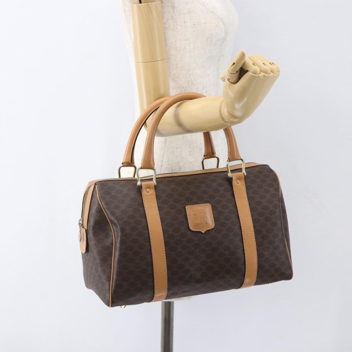 CELINE Macadam Canvas Boston Bag PVC Leather Brown Gold Auth ki6313