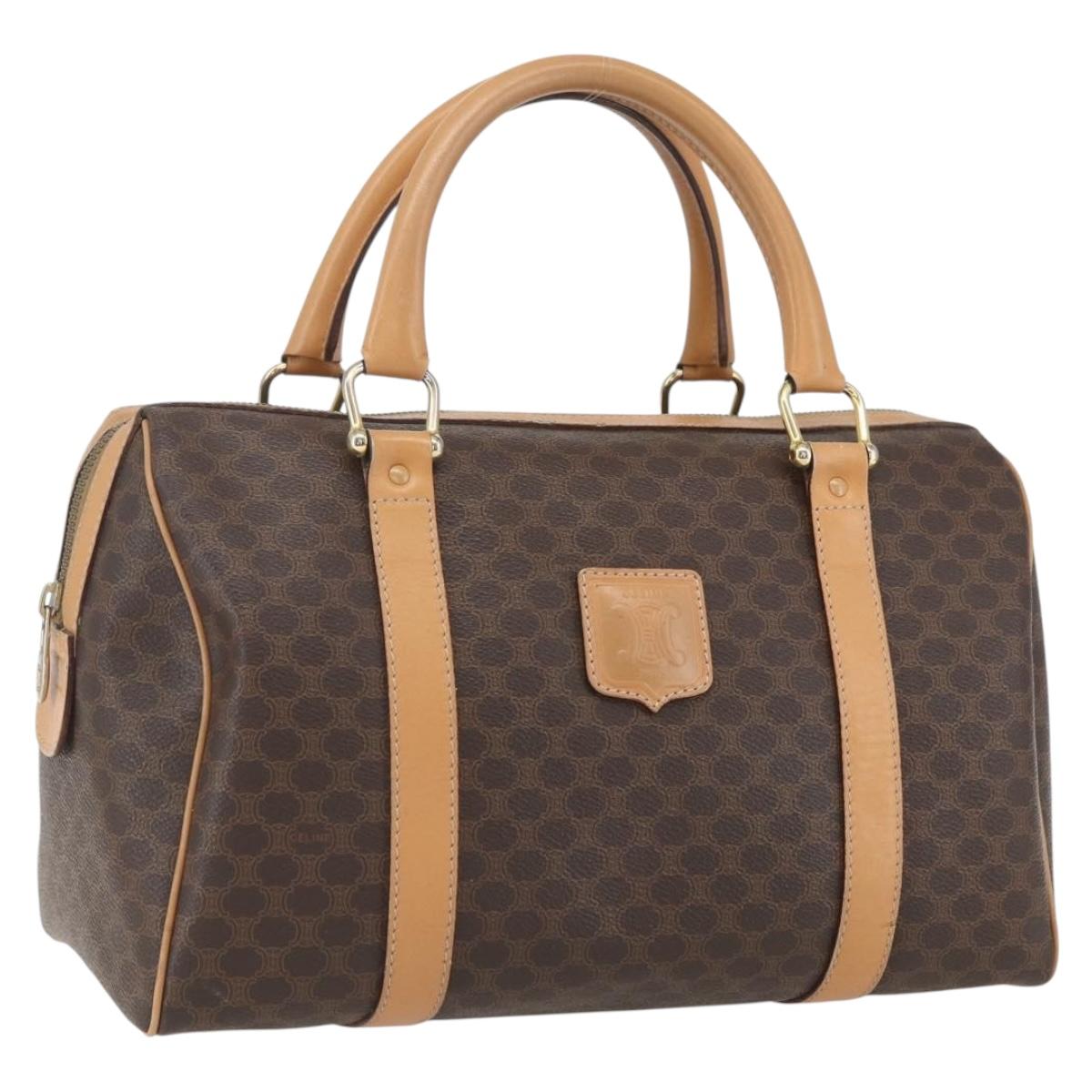 CELINE Macadam Canvas Boston Bag PVC Leather Brown Gold Auth ki6313