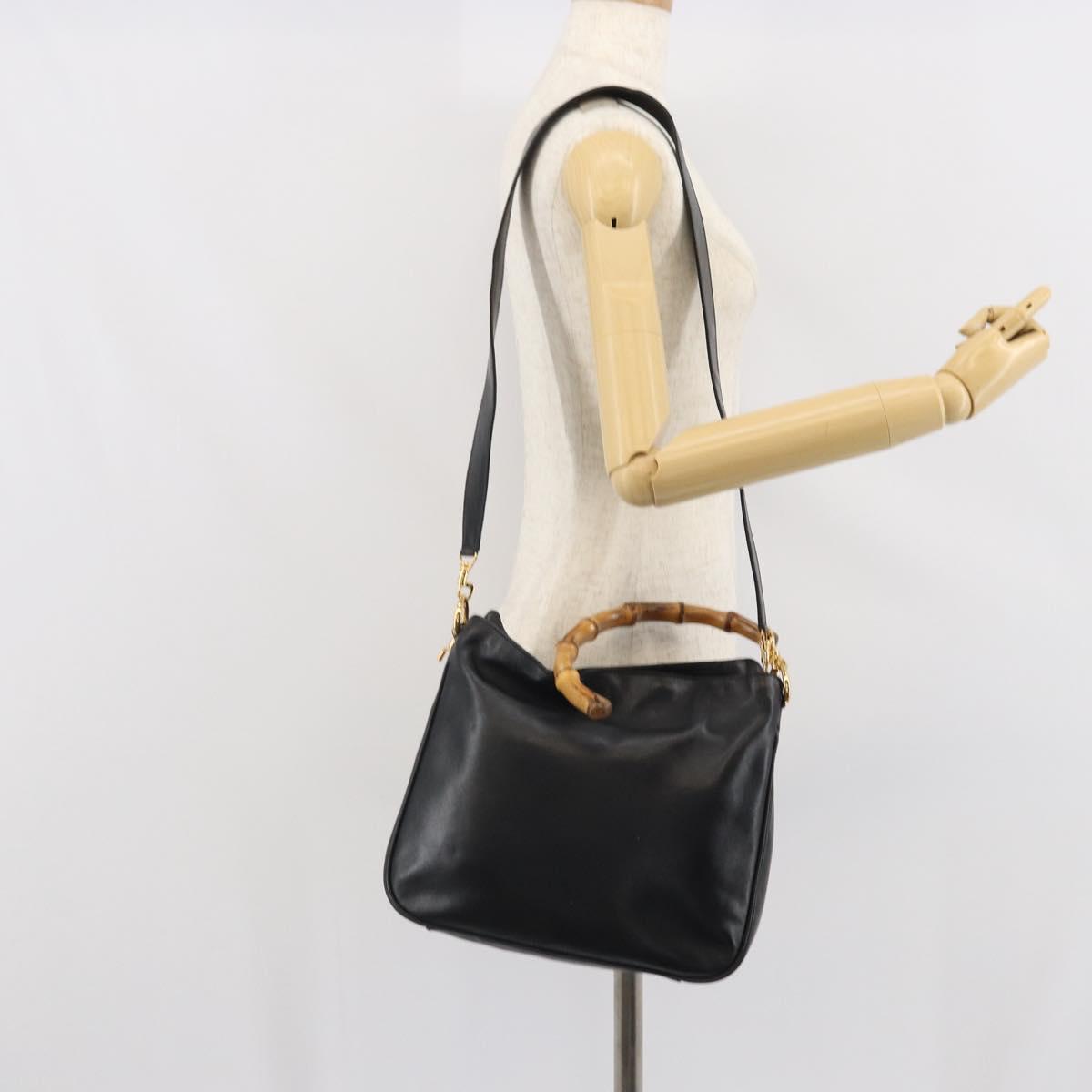 GUCCI Bamboo Shoulder Bag Leather 2way Black Gold 001 2113 1638 Auth ki6316