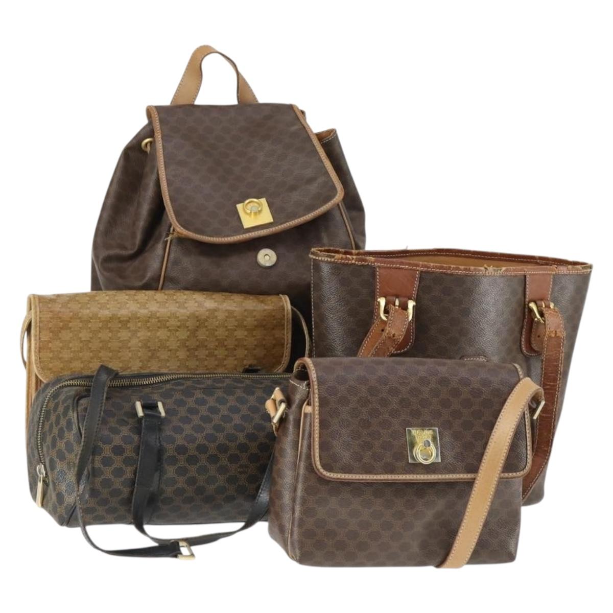 CELINE Macadam Canvas Bag PVC Leather 5 Set Brown Beige black Auth ki6322