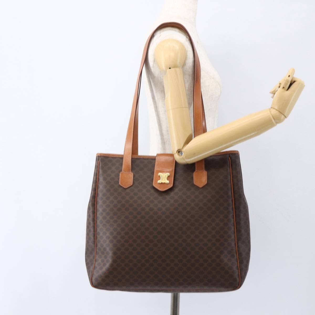 CELINE Macadam Canvas Triomphe Tote Bag PVC Leather Brown Gold Auth ki6337