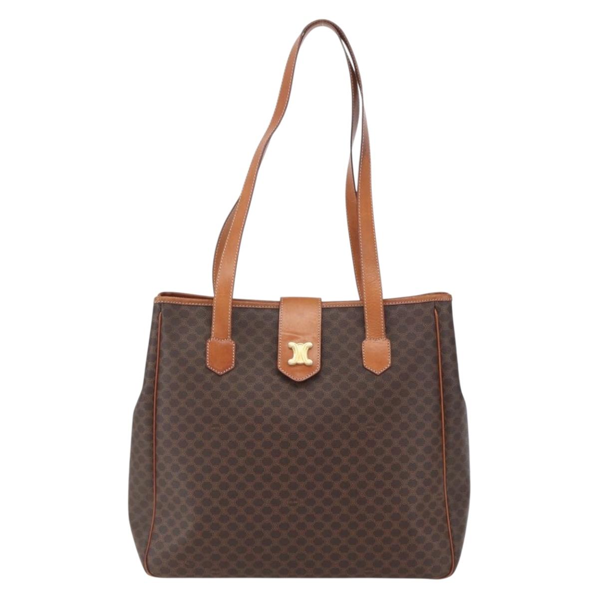 CELINE Macadam Canvas Triomphe Tote Bag PVC Leather Brown Gold Auth ki6337