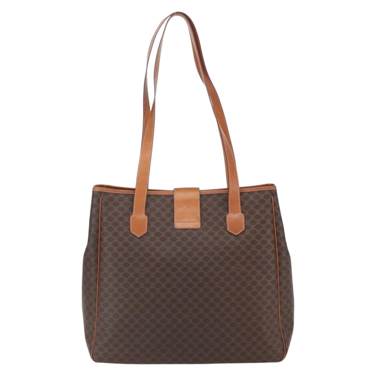 CELINE Macadam Canvas Triomphe Tote Bag PVC Leather Brown Gold Auth ki6337