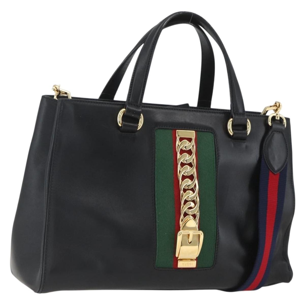GUCCI Web Sherry Line Silvi Tote Bag Leather 2way Black Gold 453790 Auth ki6344