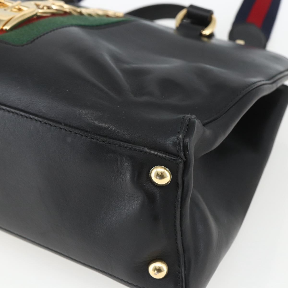 GUCCI Web Sherry Line Silvi Tote Bag Leather 2way Black Gold 453790 Auth ki6344