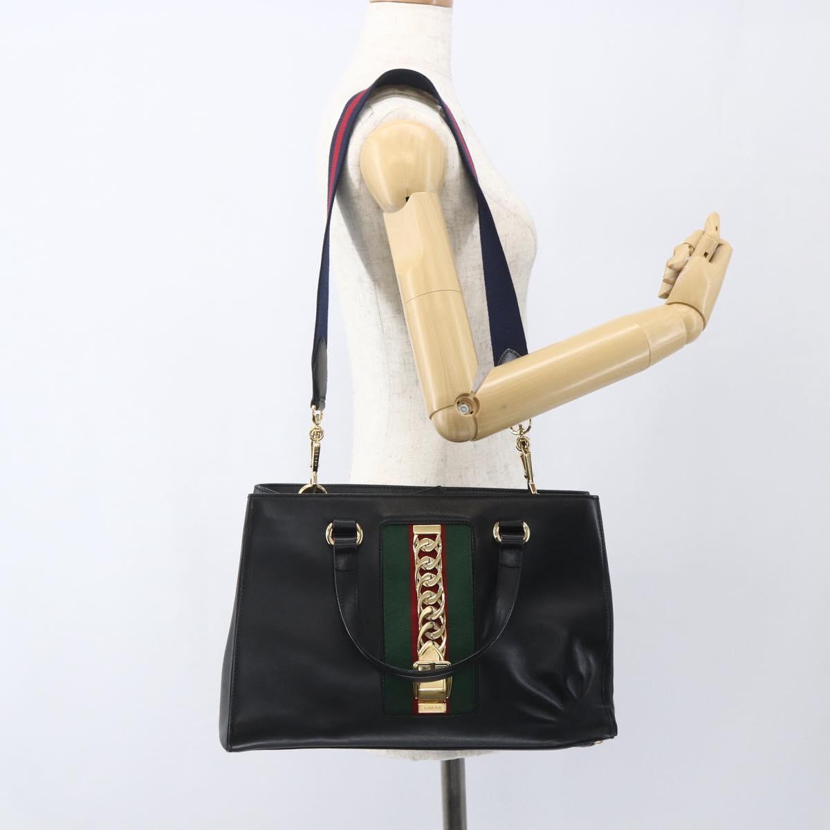 GUCCI Web Sherry Line Silvi Tote Bag Leather 2way Black Gold 453790 Auth ki6344