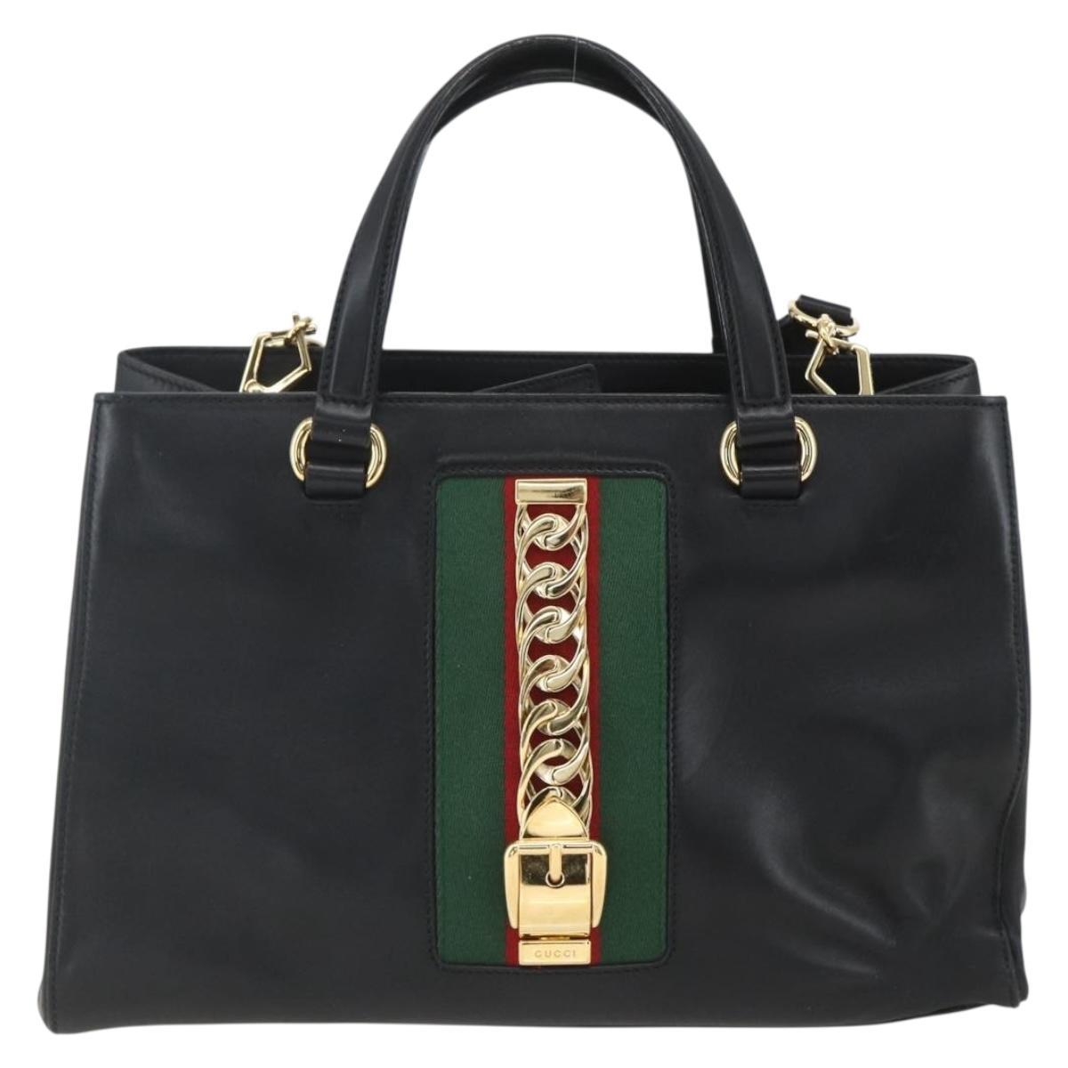 GUCCI Web Sherry Line Silvi Tote Bag Leather 2way Black Gold 453790 Auth ki6344