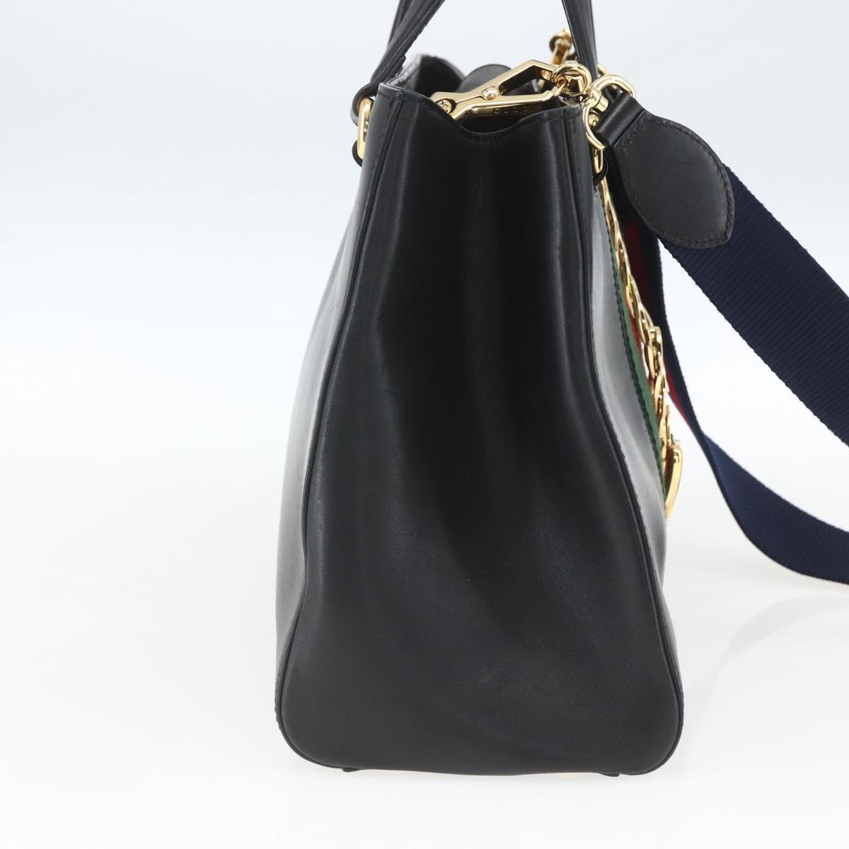 GUCCI Web Sherry Line Silvi Tote Bag Leather 2way Black Gold 453790 Auth ki6344