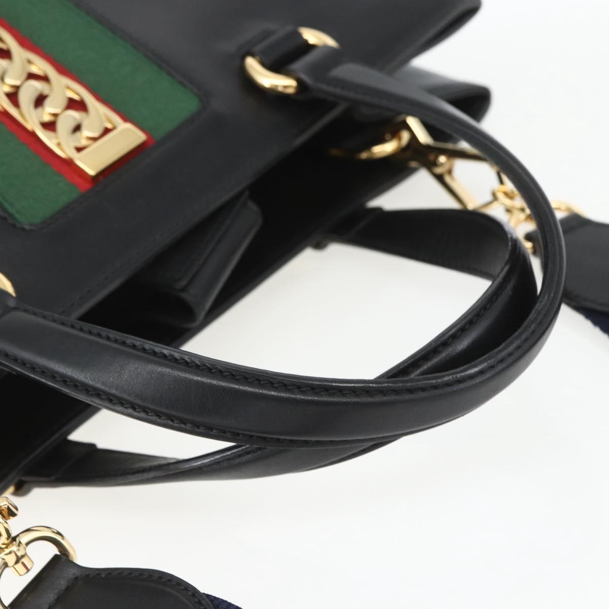 GUCCI Web Sherry Line Silvi Tote Bag Leather 2way Black Gold 453790 Auth ki6344