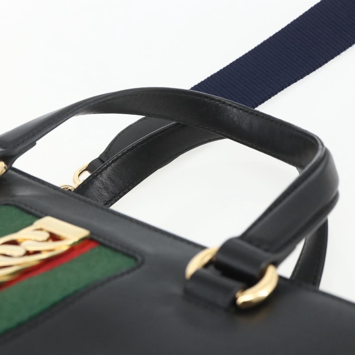 GUCCI Web Sherry Line Silvi Tote Bag Leather 2way Black Gold 453790 Auth ki6344