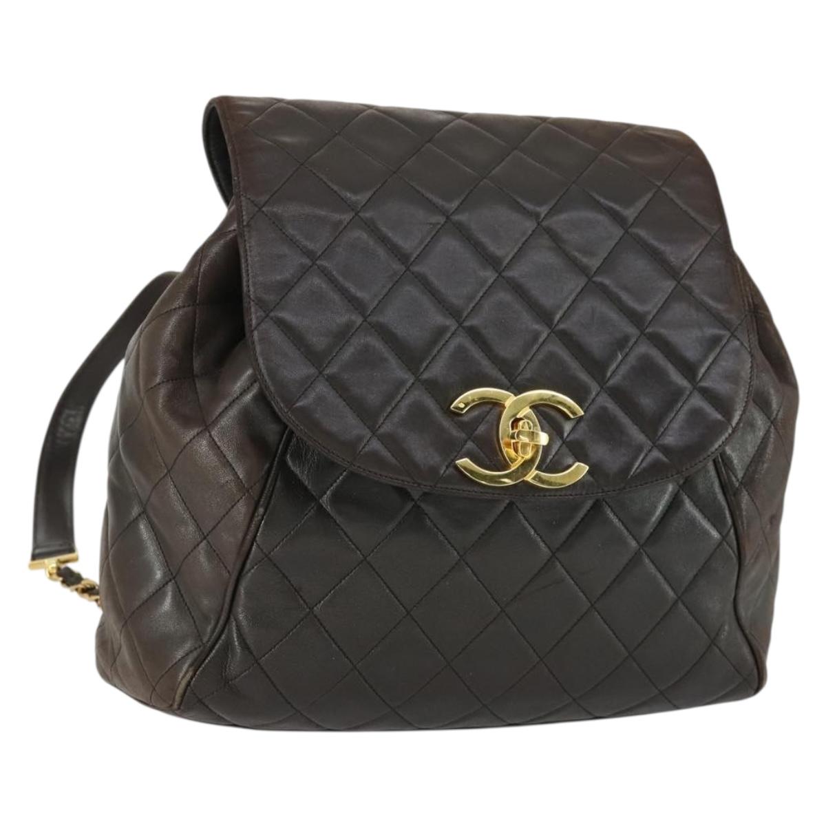 CHANEL Matelasse Backpack Lamb Skin Dark Brown Gold CC Auth ki6346
