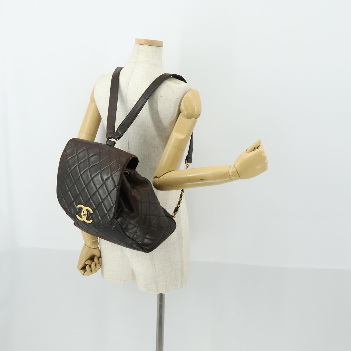 CHANEL Matelasse Backpack Lamb Skin Dark Brown Gold CC Auth ki6346
