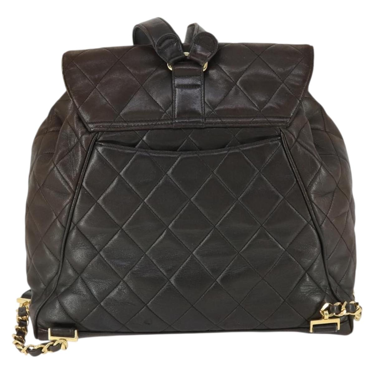 CHANEL Matelasse Backpack Lamb Skin Dark Brown Gold CC Auth ki6346