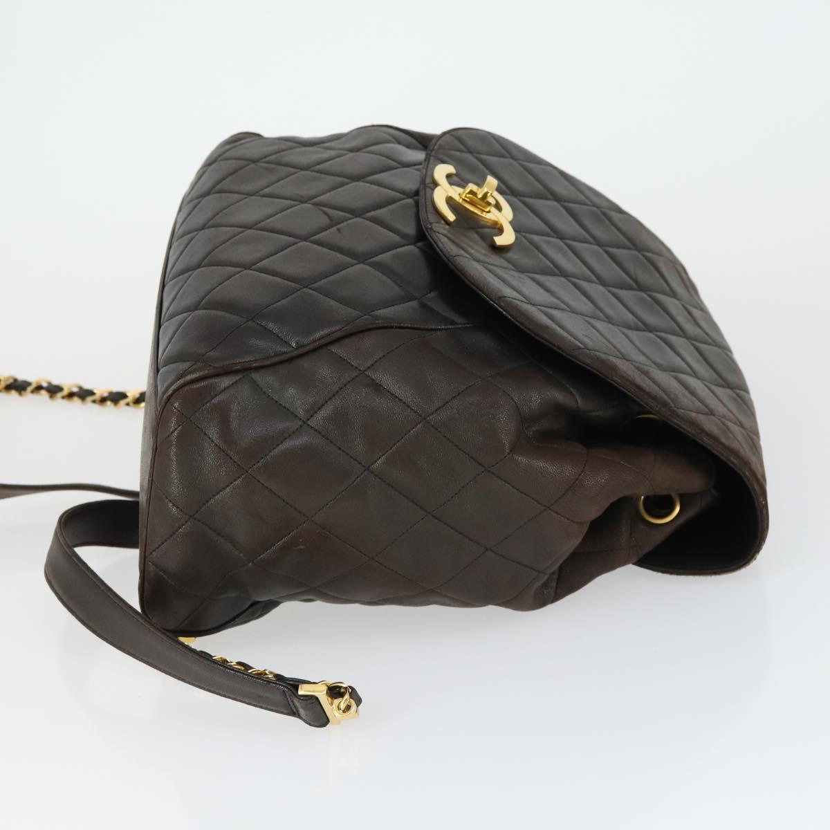 CHANEL Matelasse Backpack Lamb Skin Dark Brown Gold CC Auth ki6346