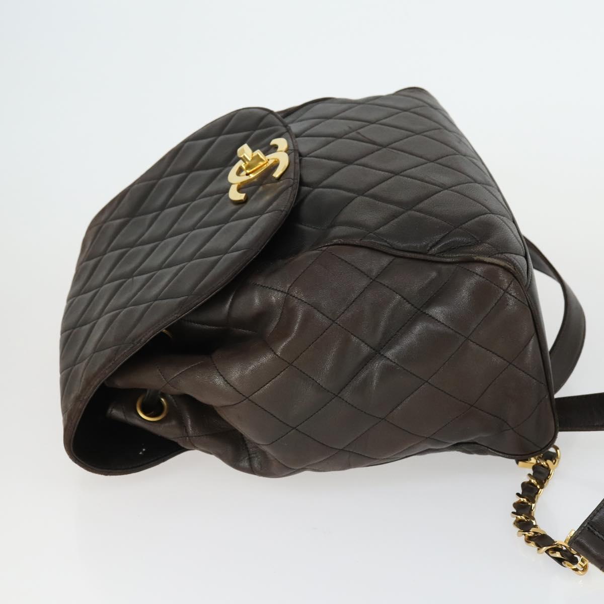 CHANEL Matelasse Backpack Lamb Skin Dark Brown Gold CC Auth ki6346