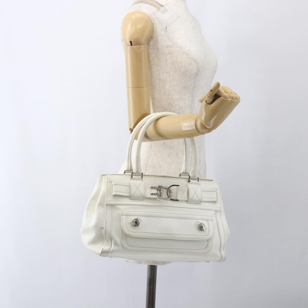 Christian Dior Hand Bag Leather White Silver Auth ki6385