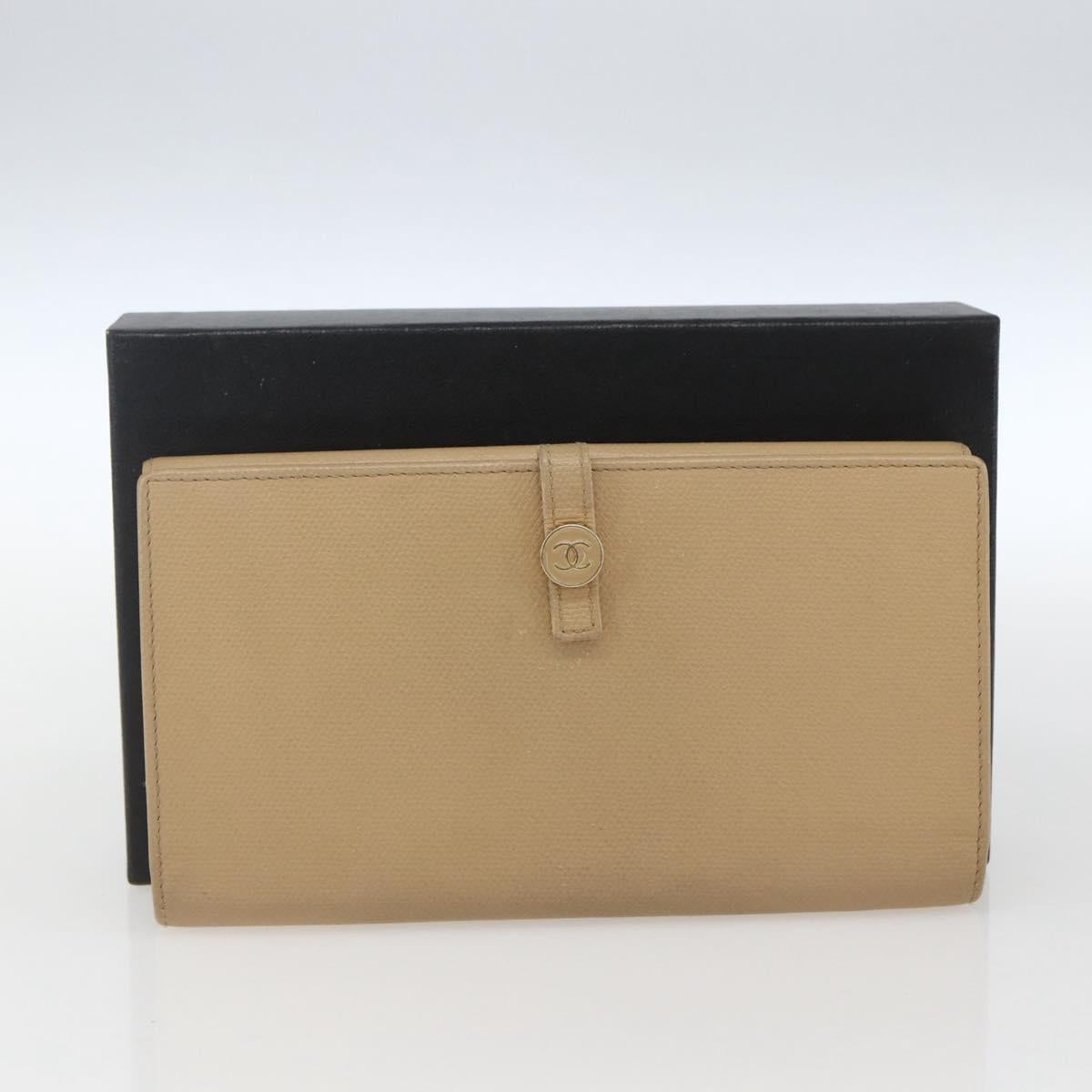 CHANEL COCO Button Long Wallet Leather Beige Gold CC Auth ki6407