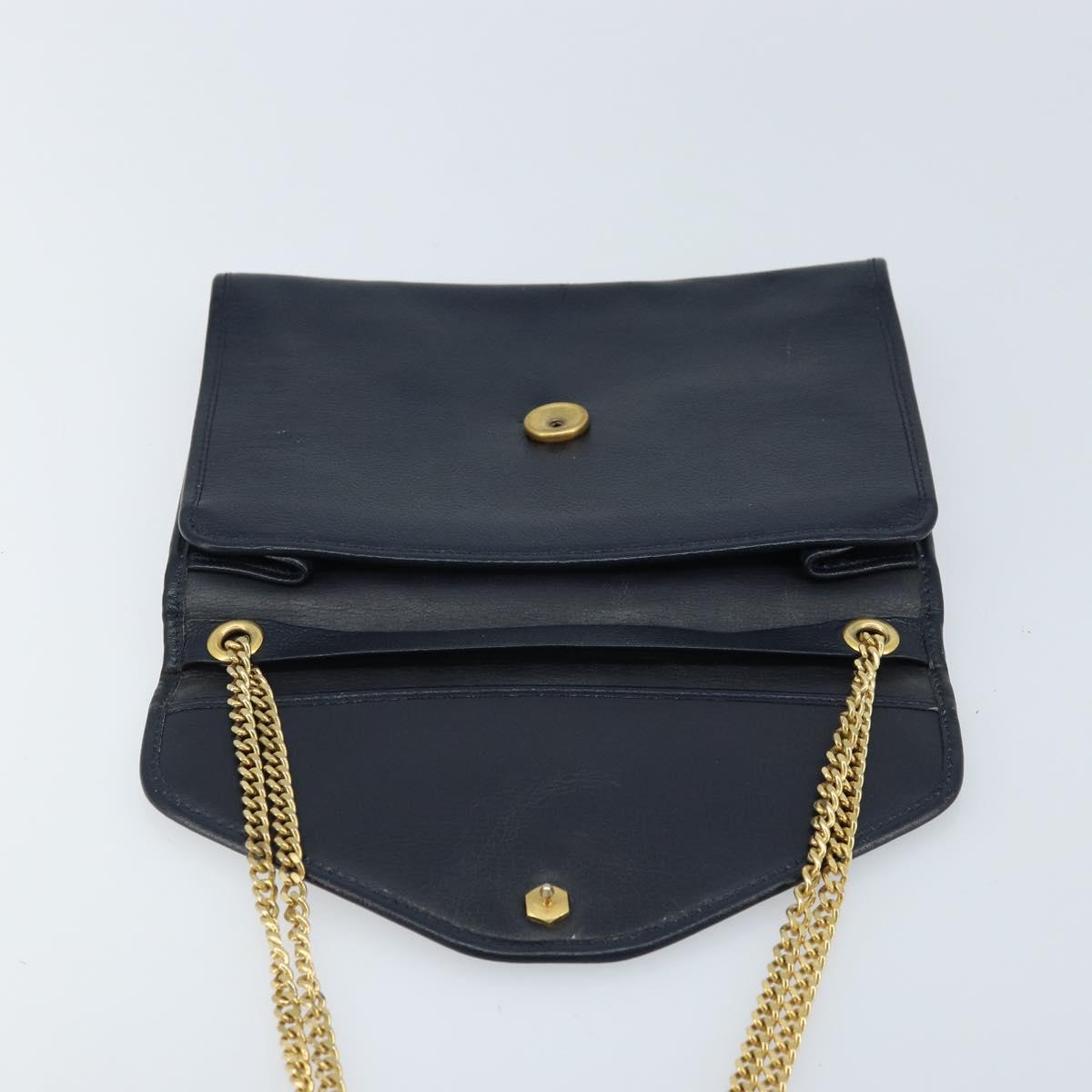 Christian Dior Chain Shoulder Bag Leather Navy Gold Auth ki6425
