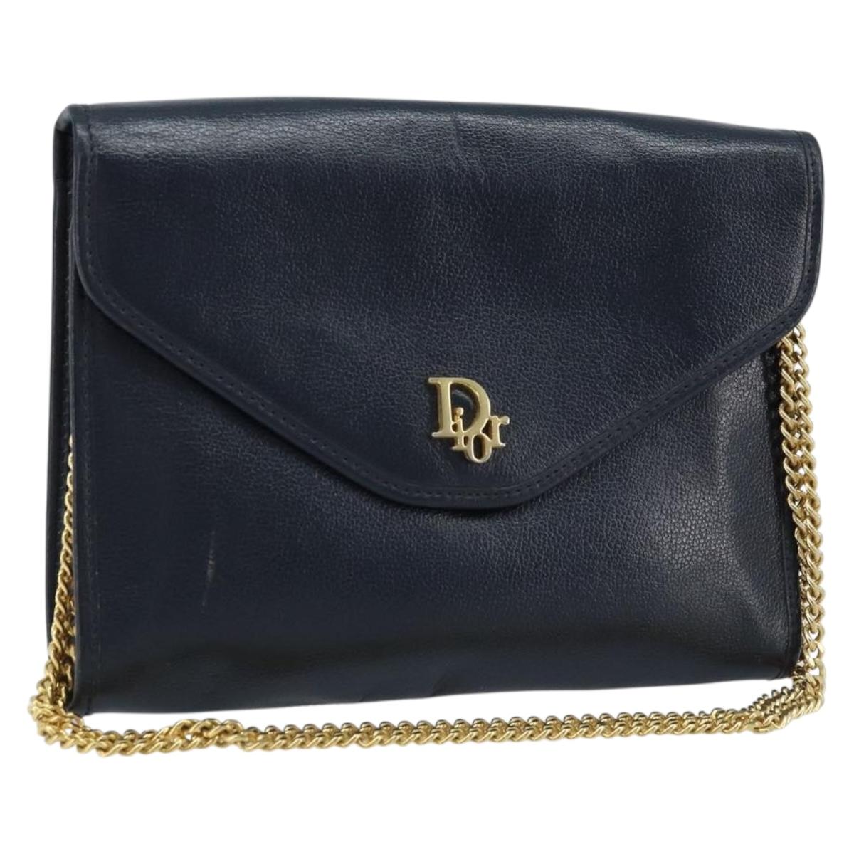 Christian Dior Chain Shoulder Bag Leather Navy Gold Auth ki6425