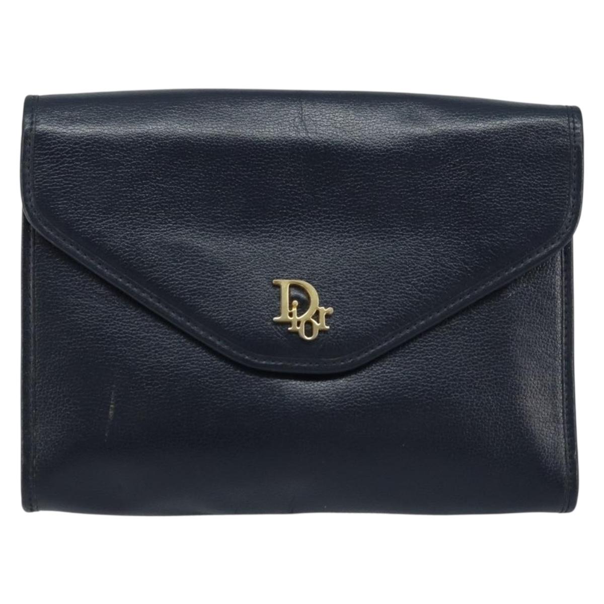 Christian Dior Chain Shoulder Bag Leather Navy Gold Auth ki6425