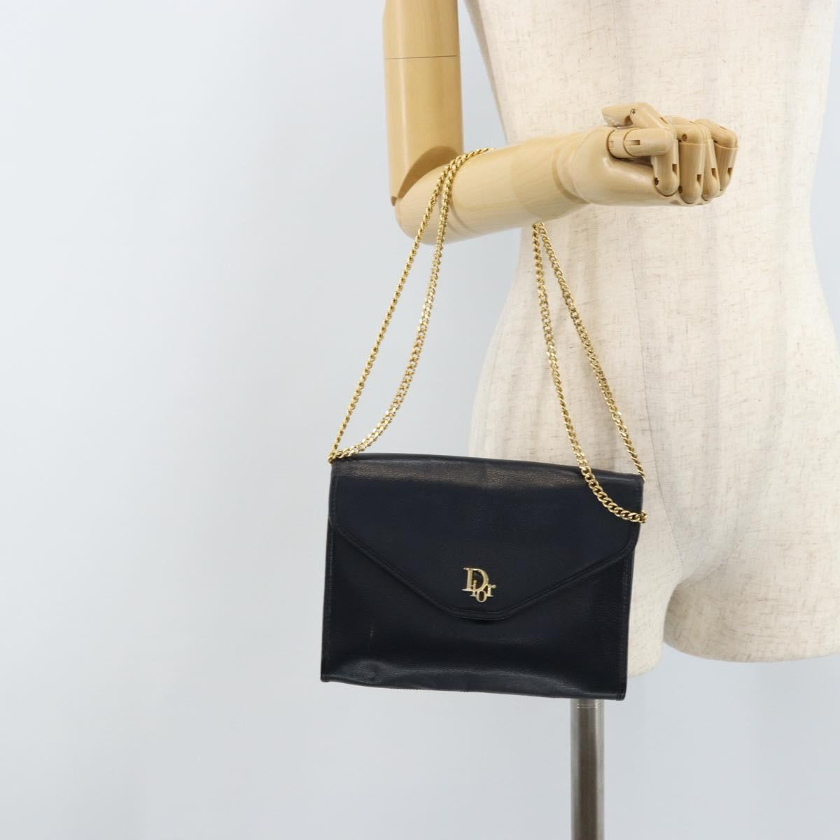Christian Dior Chain Shoulder Bag Leather Navy Gold Auth ki6425
