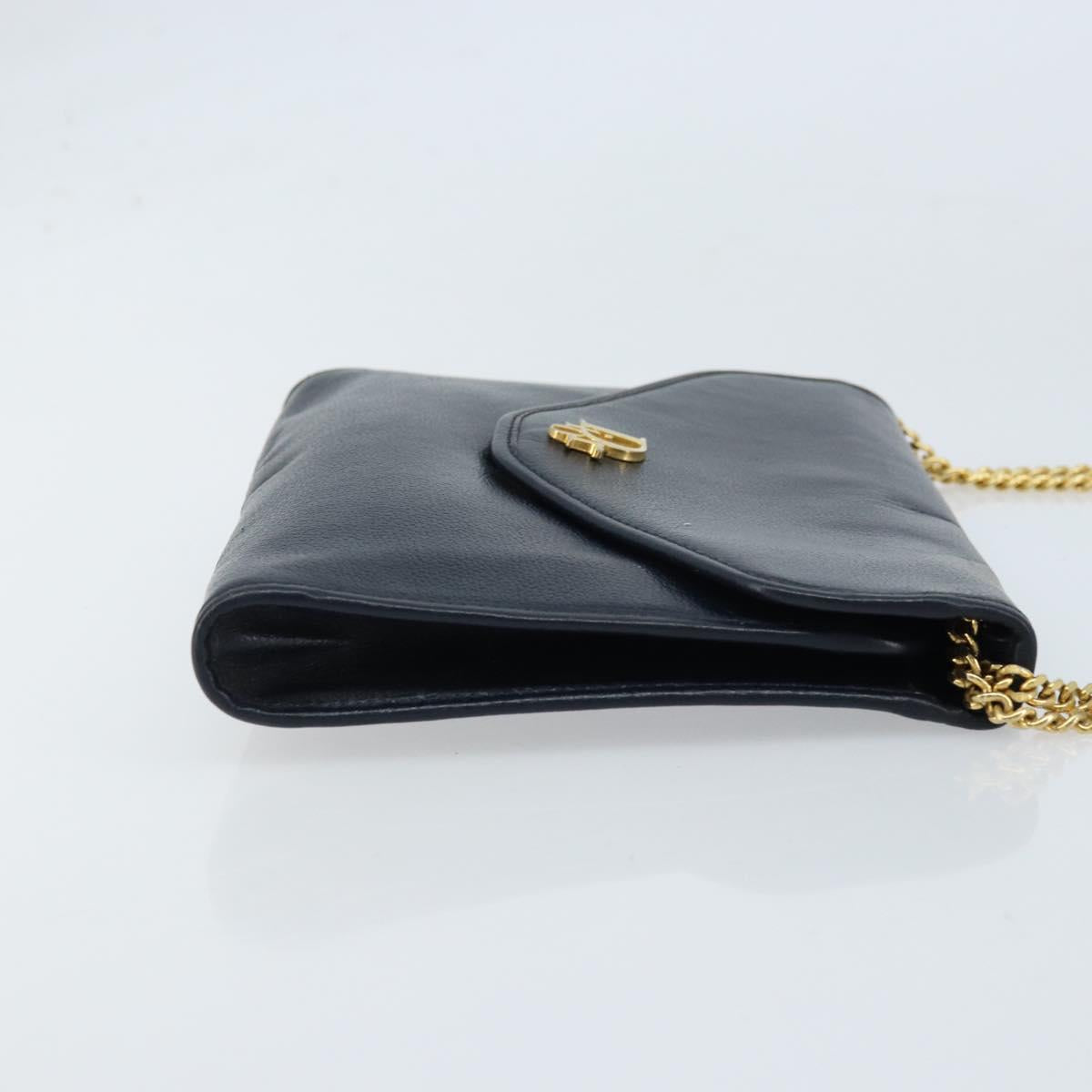 Christian Dior Chain Shoulder Bag Leather Navy Gold Auth ki6425