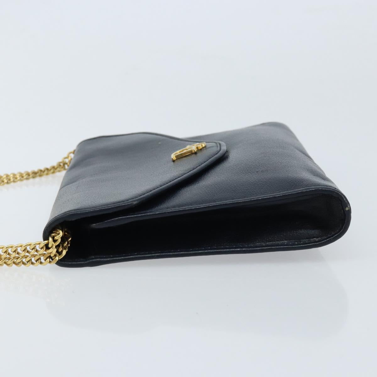 Christian Dior Chain Shoulder Bag Leather Navy Gold Auth ki6425