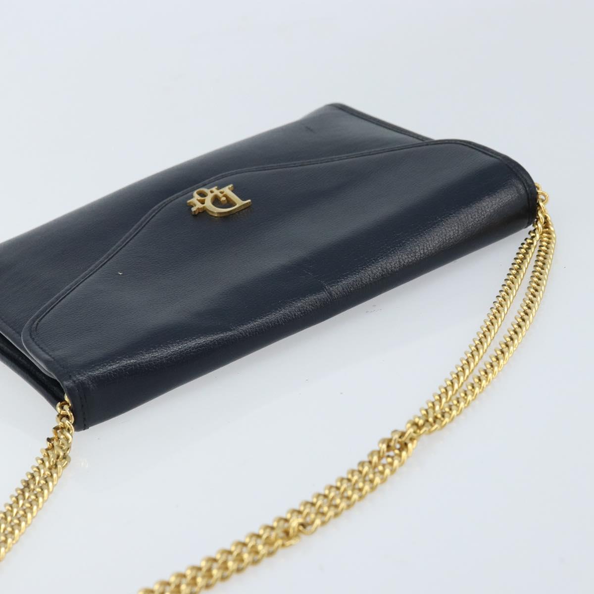 Christian Dior Chain Shoulder Bag Leather Navy Gold Auth ki6425