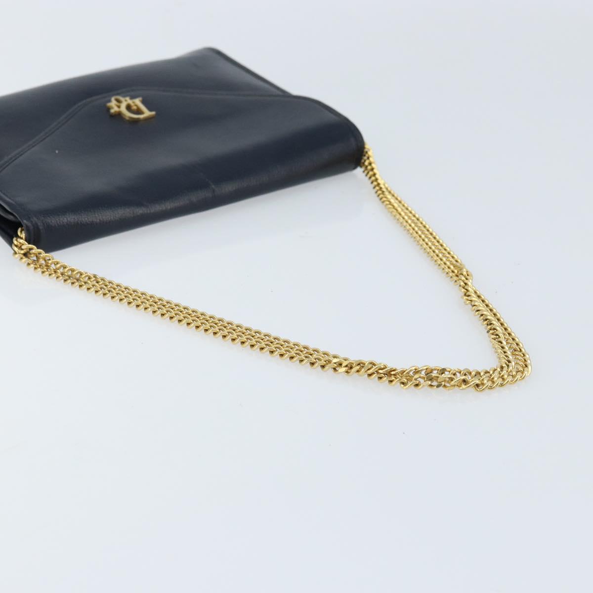 Christian Dior Chain Shoulder Bag Leather Navy Gold Auth ki6425